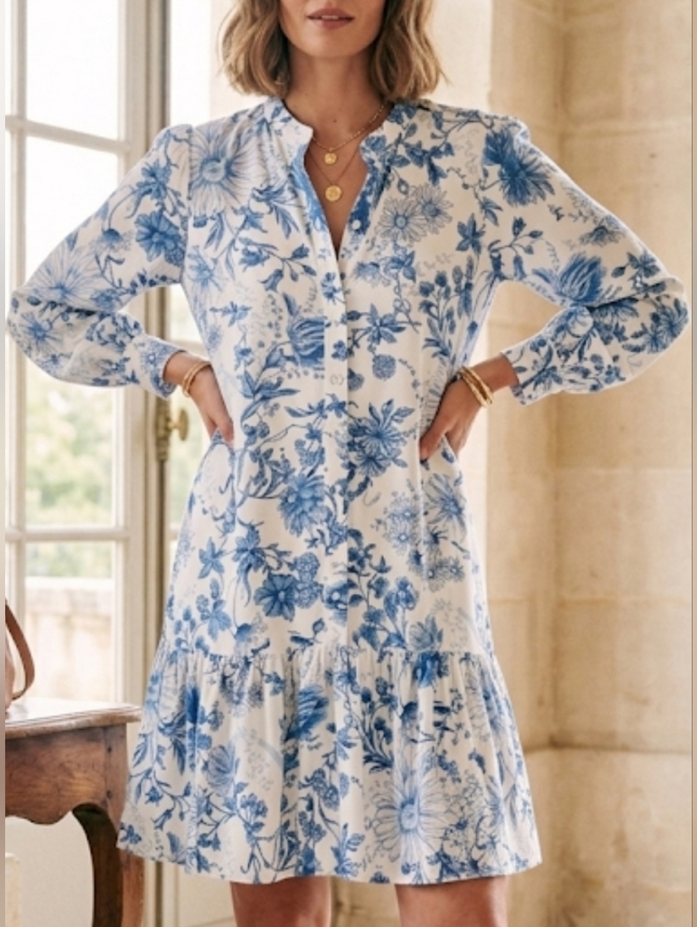 Blue Floral Long-Sleeve Drop Waist Mini Dress Sz.L